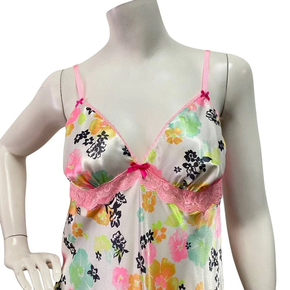 Victoria Secret M‎ Floral Satin Lace Trim Slip Dress Lingerie Babydoll Cottage